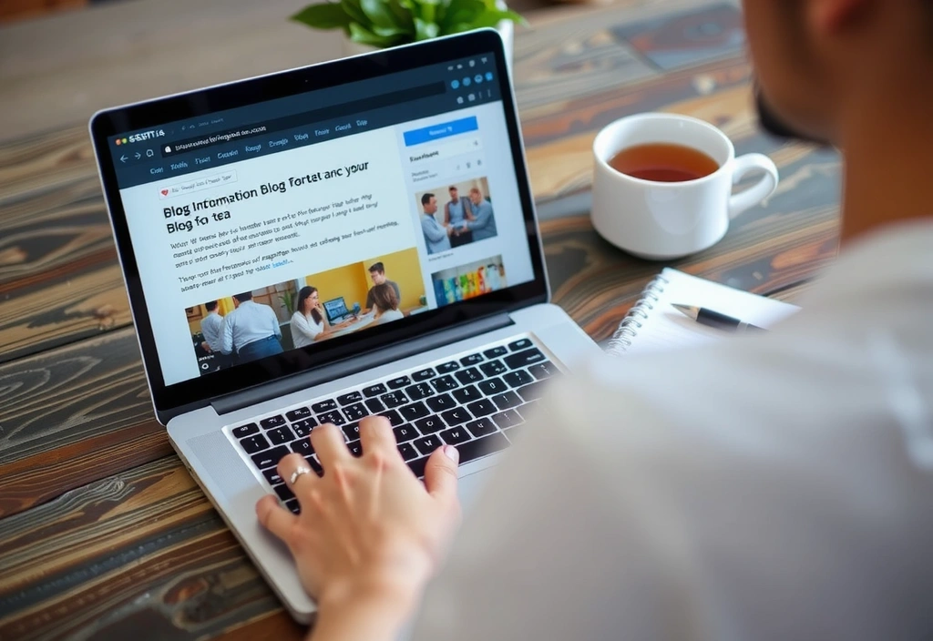 A person reading a blog post on a laptop, with a cup of tea and a notebook nearby.