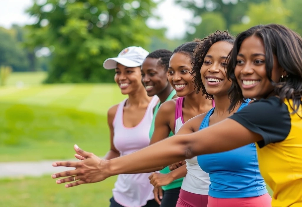A group of diverse people smiling and exercising together, symbolizing community and shared wellness goals.