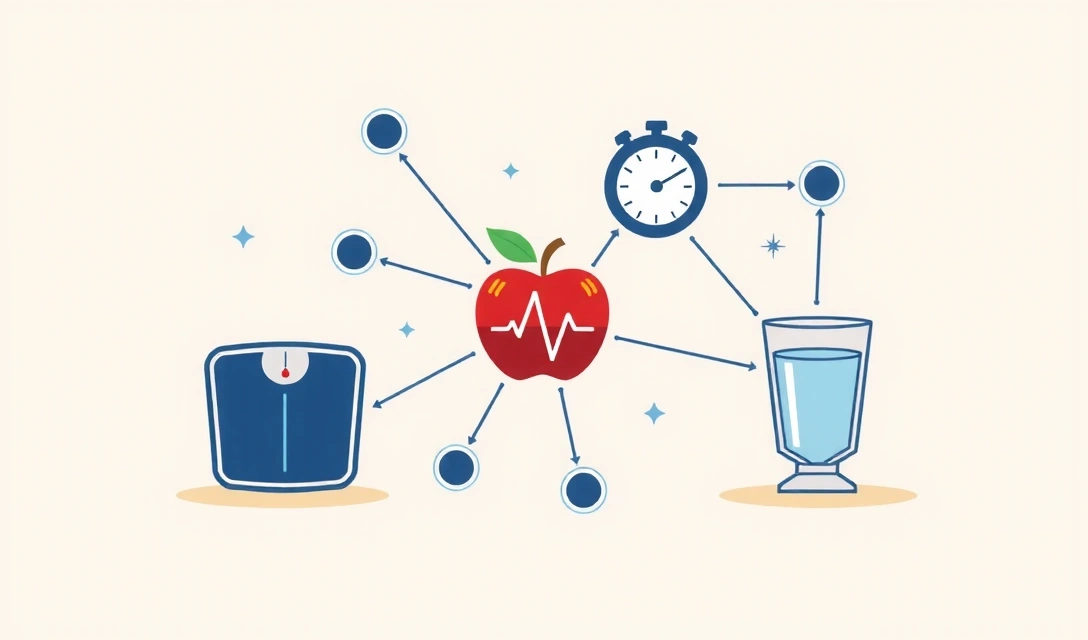 Health data visual with heart rate monitor, apple, and weight scale icons