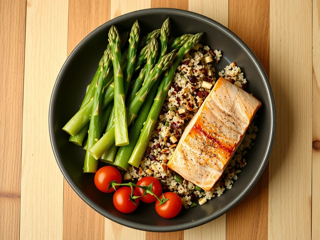 A beautifully plated, colorful, and healthy meal viewed from directly above. The dish features fresh, vibrant ingredients like grilled salmon, quinoa, roasted asparagus, and cherry tomatoes, arranged artfully on a white plate. The background is a minimalist wooden table, emphasizing the food's natural appeal.