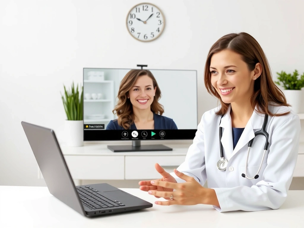 A friendly female nutritionist enthusiastically engaging in a video call with a client, both smiling and appearing professional. The nutritionist is in a modern, brightly lit office, looking directly at the camera. The client's face is partially visible on a screen, showing an attentive expression. The scene conveys connection and expert guidance.