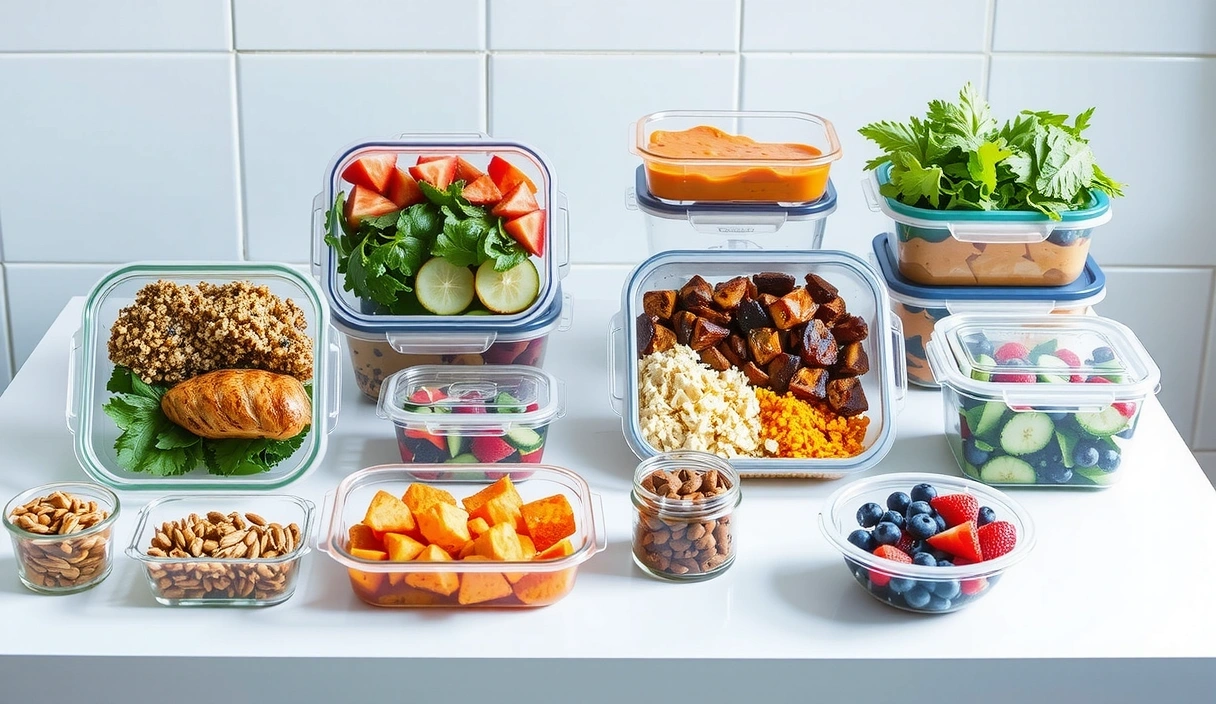 A perfectly organized meal prep setup with various healthy dishes in containers.