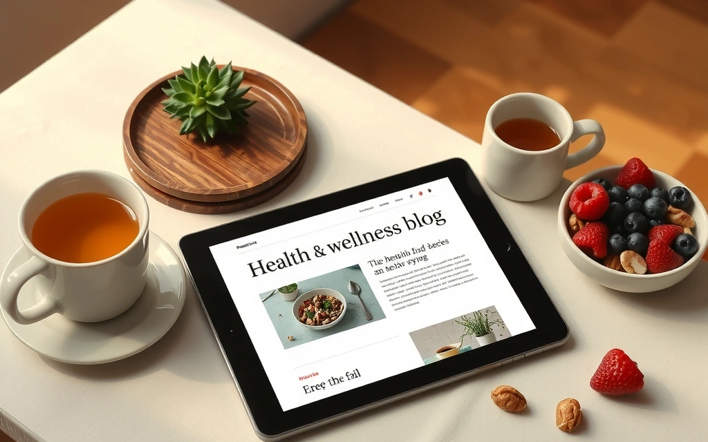 Open book with healthy food illustrations and a cup of tea