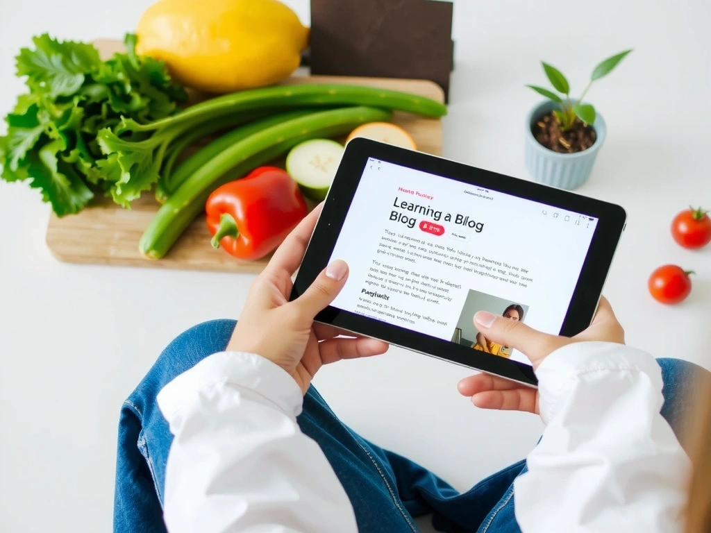 A person reading a blog post on a tablet, with healthy food and a plant in the background, suggesting learning and well-being.